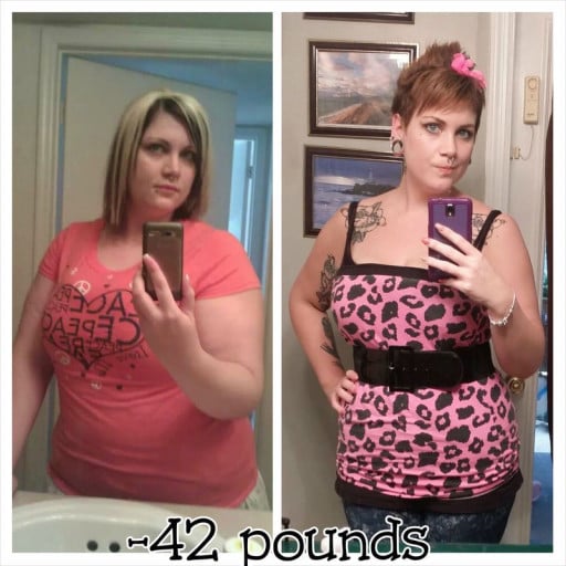 A before and after photo of a 5'5" female showing a weight reduction from 220 pounds to 178 pounds. A respectable loss of 42 pounds.