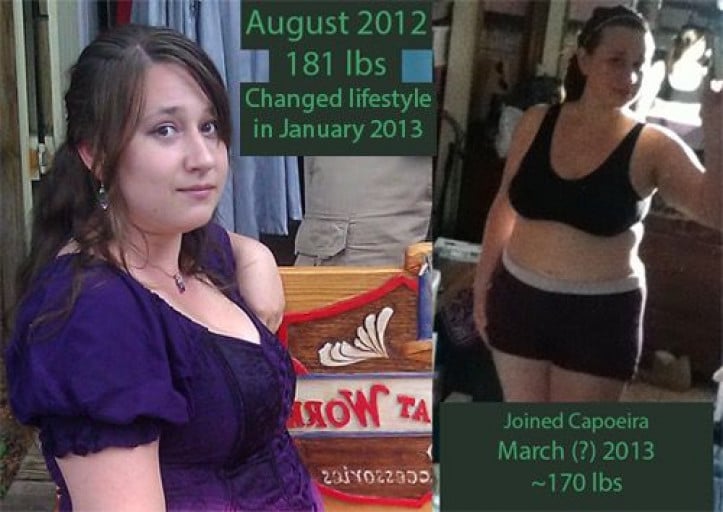 A picture of a 5'2" female showing a fat loss from 181 pounds to 155 pounds. A net loss of 26 pounds.