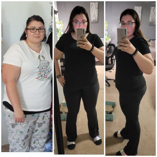 A before and after photo of a 5'4" female showing a weight reduction from 292 pounds to 205 pounds. A total loss of 87 pounds.