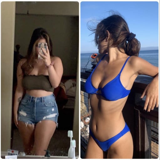 A before and after photo of a 5'4" female showing a weight reduction from 155 pounds to 114 pounds. A respectable loss of 41 pounds.