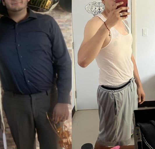 A progress pic of a 6'3" man showing a fat loss from 254 pounds to 187 pounds. A respectable loss of 67 pounds.