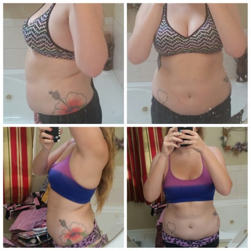 A progress pic of a 5'10" woman showing a fat loss from 210 pounds to 190 pounds. A respectable loss of 20 pounds.