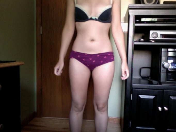 A before and after photo of a 5'2" female showing a weight cut from 130 pounds to 110 pounds. A respectable loss of 20 pounds.