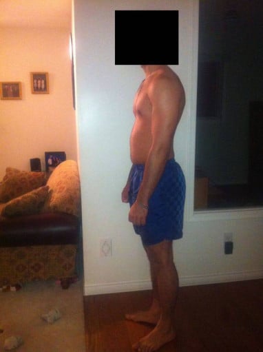 A before and after photo of a 5'8" male showing a snapshot of 150 pounds at a height of 5'8