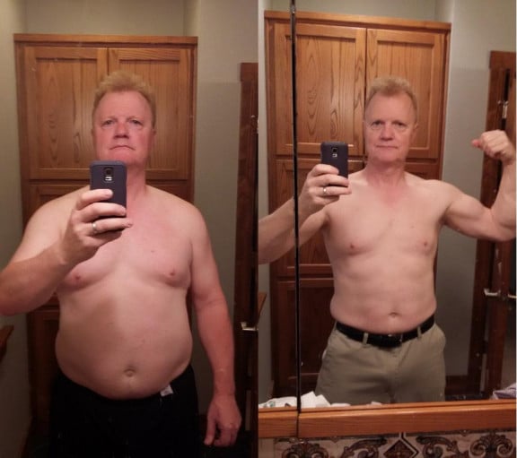 A picture of a 5'11" male showing a weight loss from 245 pounds to 195 pounds. A total loss of 50 pounds.