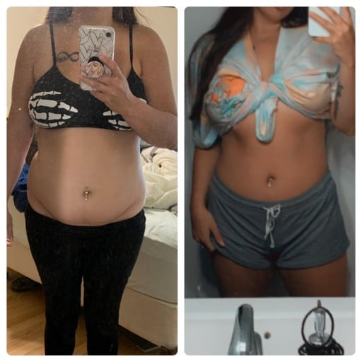 A progress pic of a 5'6" woman showing a fat loss from 185 pounds to 153 pounds. A net loss of 32 pounds.