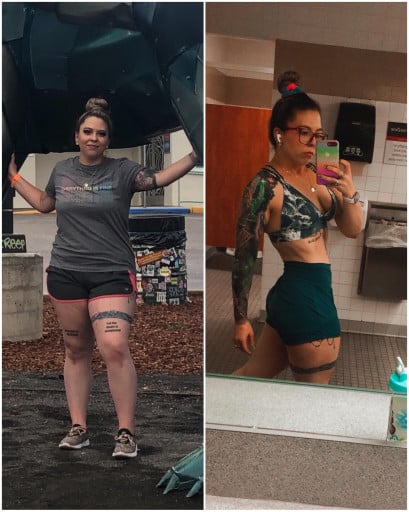 A before and after photo of a 5'6" female showing a weight reduction from 220 pounds to 165 pounds. A respectable loss of 55 pounds.