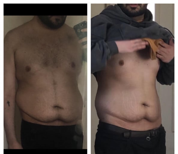 A picture of a 5'10" male showing a weight loss from 218 pounds to 186 pounds. A total loss of 32 pounds.