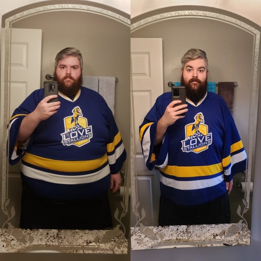 A progress pic of a person at 332 lbs