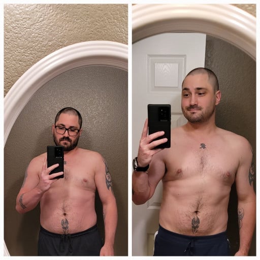 A before and after photo of a 6'2" male showing a weight reduction from 250 pounds to 220 pounds. A total loss of 30 pounds.